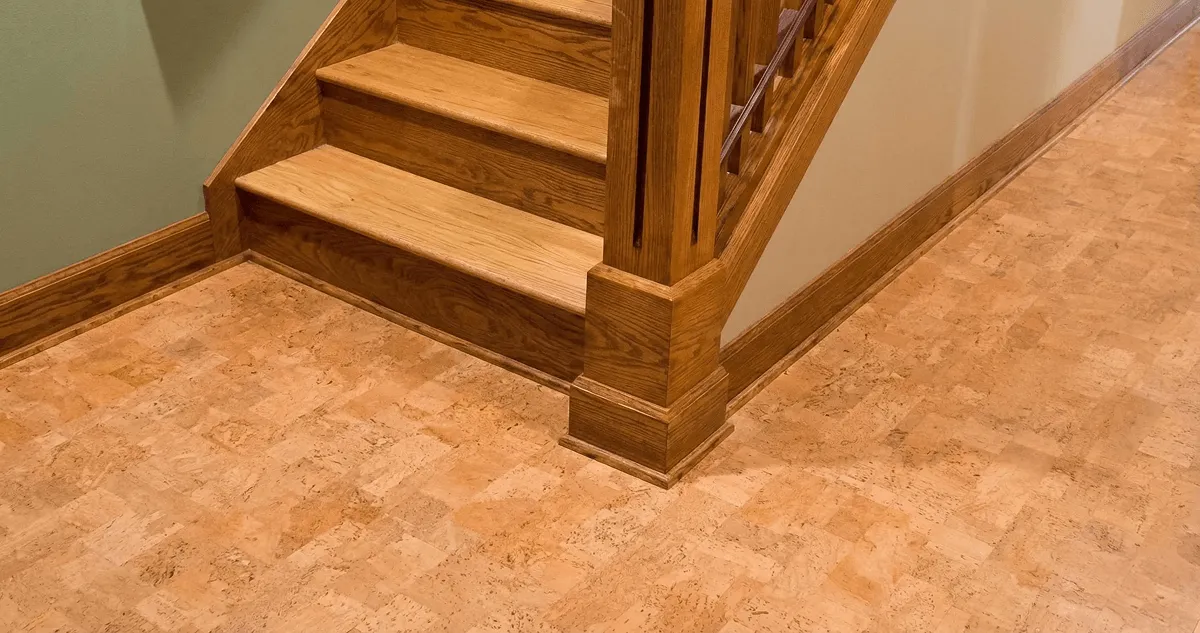 End of a staircase with cork flooring in Overland Park, KS